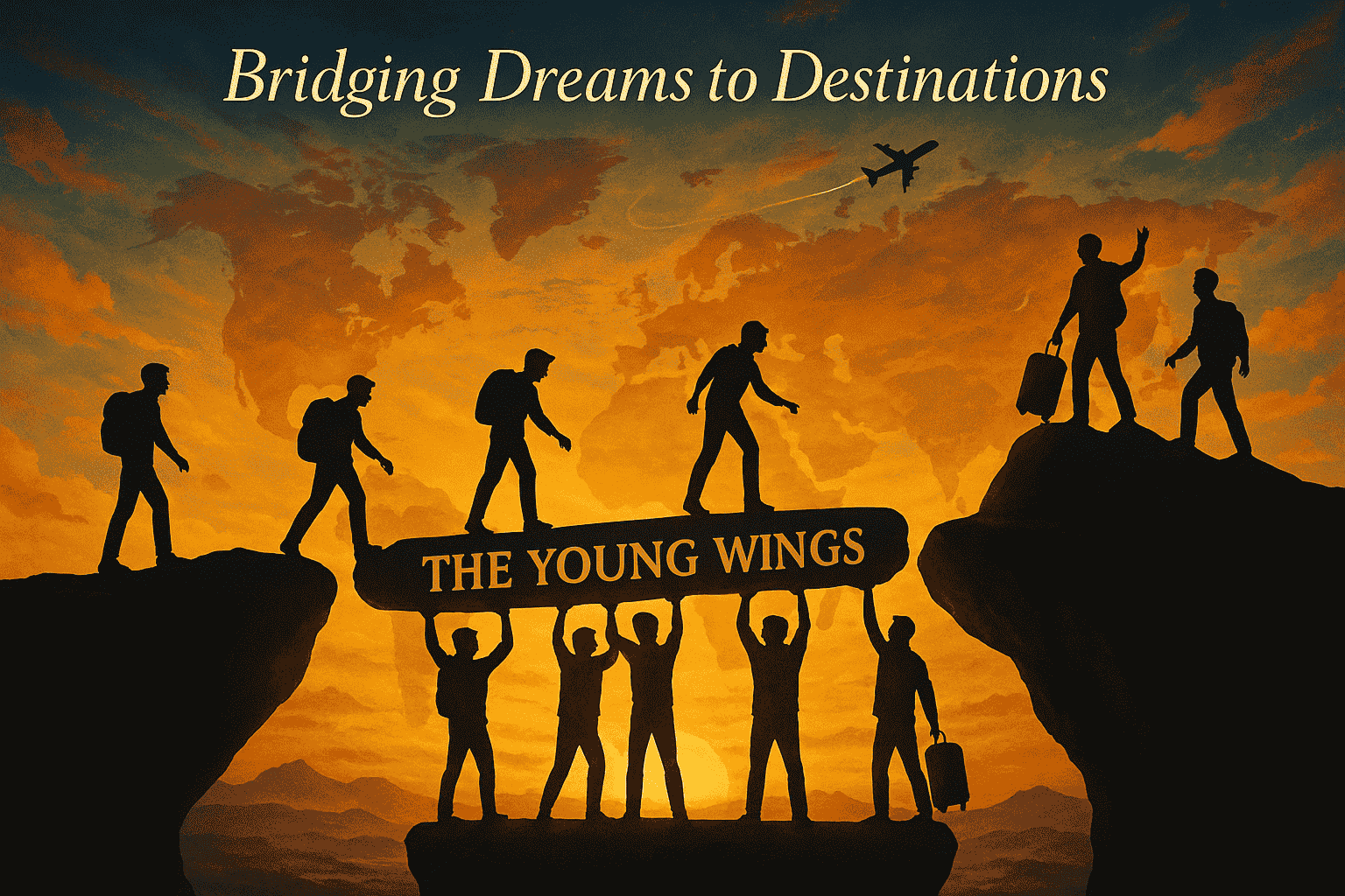 Team of travelers crossing a cliff using a bridge labeled 'The Young Wings' at sunset, symbolizing teamwork, travel dreams, and adventure with a trusted travel agency